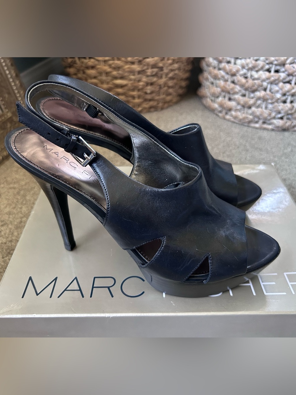 Marc Fisher Black Leather Peep-Toe Slingback Heels with Cutouts